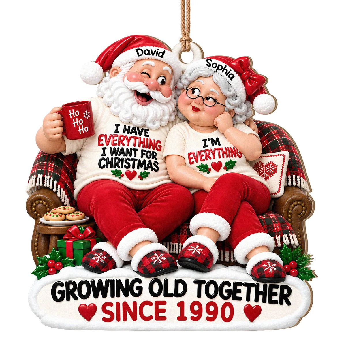 Personalized I'm Everything Santa Couple Plaid Sofa Anniversary Wood Ornament – Gift for Couples
