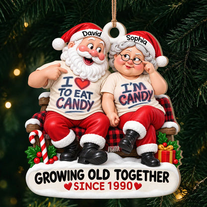 Personalized I'm Candy Santa Couple Plaid Bench Anniversary Wood Christmas Ornament – Gift for Couples