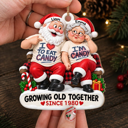 Personalized I'm Candy Santa Couple Plaid Bench Anniversary Wood Christmas Ornament – Gift for Couples