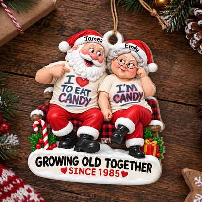 Personalized I'm Candy Santa Couple Plaid Bench Anniversary Wood Christmas Ornament – Gift for Couples