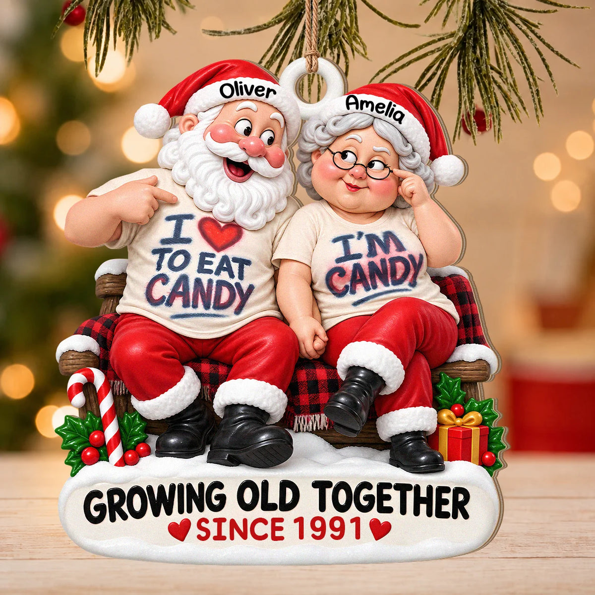 Personalized I'm Candy Santa Couple Plaid Bench Anniversary Wood Christmas Ornament – Gift for Couples