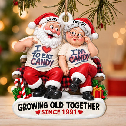Personalized I'm Candy Santa Couple Plaid Bench Anniversary Wood Christmas Ornament – Gift for Couples