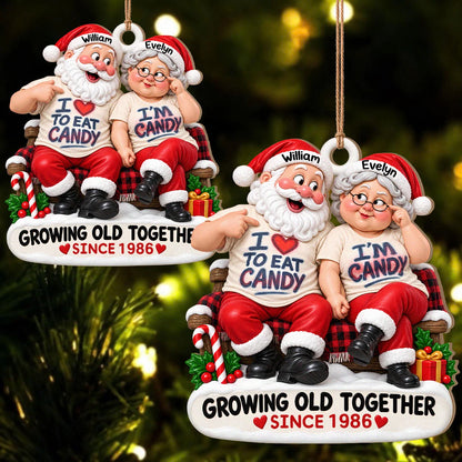 Personalized I'm Candy Santa Couple Plaid Bench Anniversary Wood Christmas Ornament – Gift for Couples