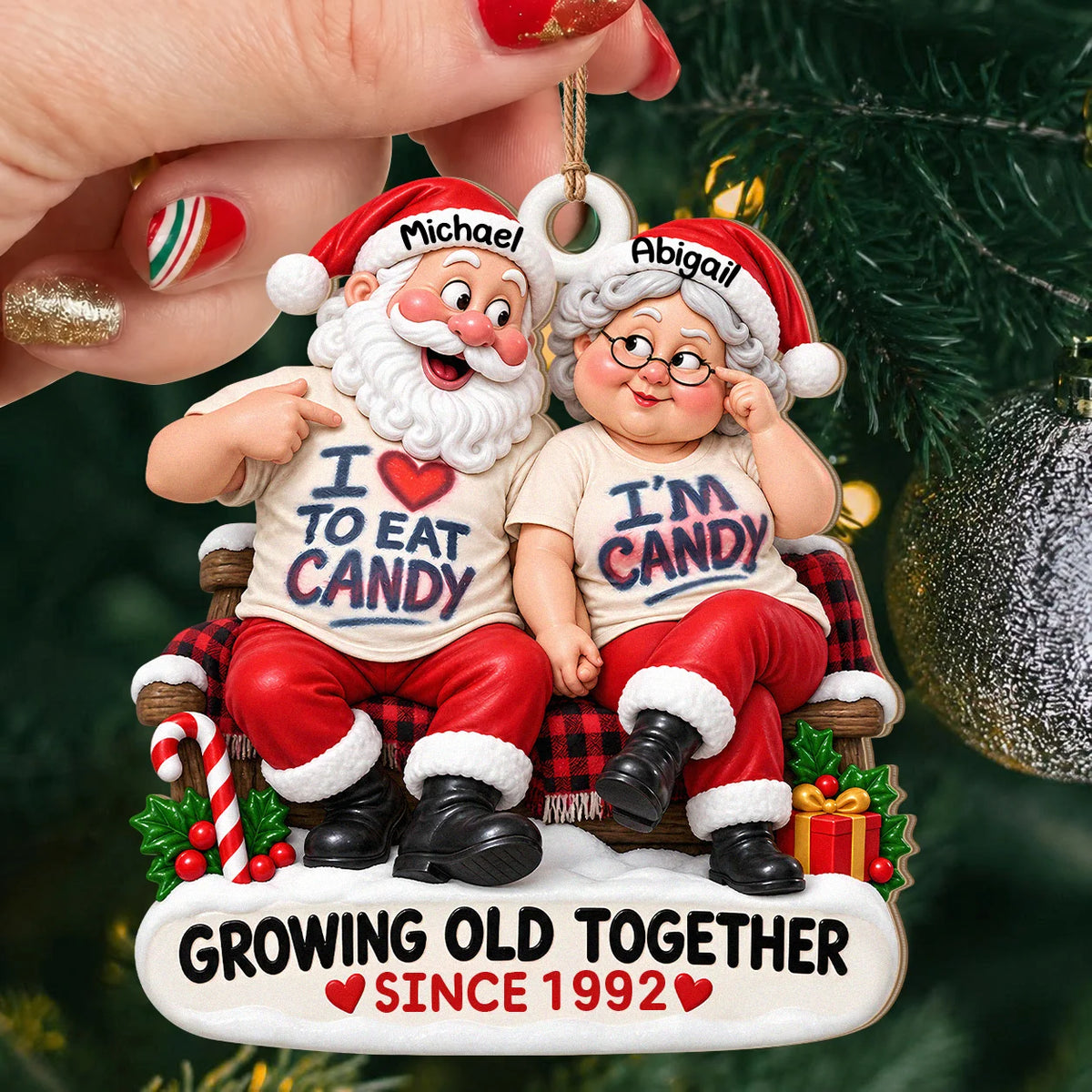 Personalized I'm Candy Santa Couple Plaid Bench Anniversary Wood Christmas Ornament – Gift for Couples