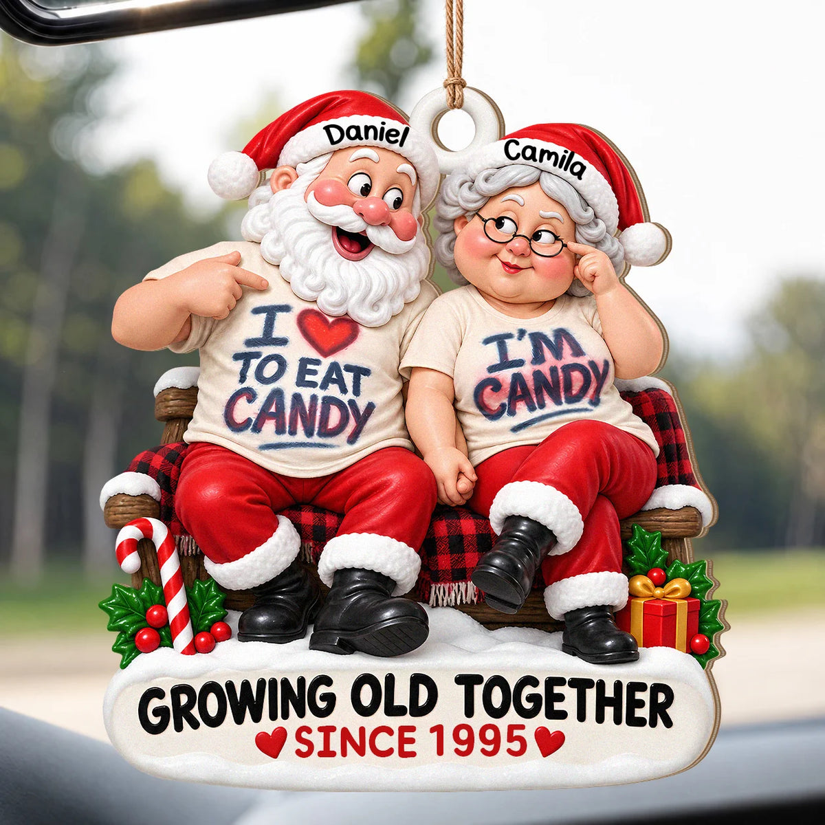 Personalized I'm Candy Santa Couple Plaid Bench Anniversary Wood Christmas Ornament – Gift for Couples