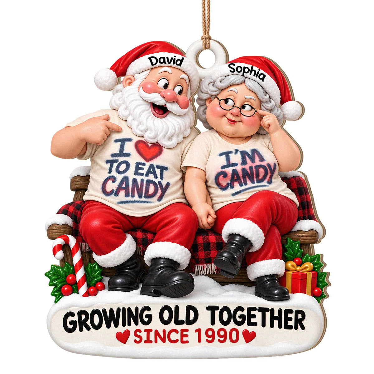 Personalized I'm Candy Santa Couple Plaid Bench Anniversary Wood Christmas Ornament – Gift for Couples