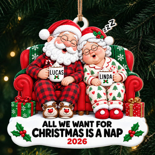Personalisierter „All We Want for Christmas Is a Nap“ Weihnachtsmann-Paar Kakao Sofa Jahrestag Holz-Ornament – Geschenk für Paare