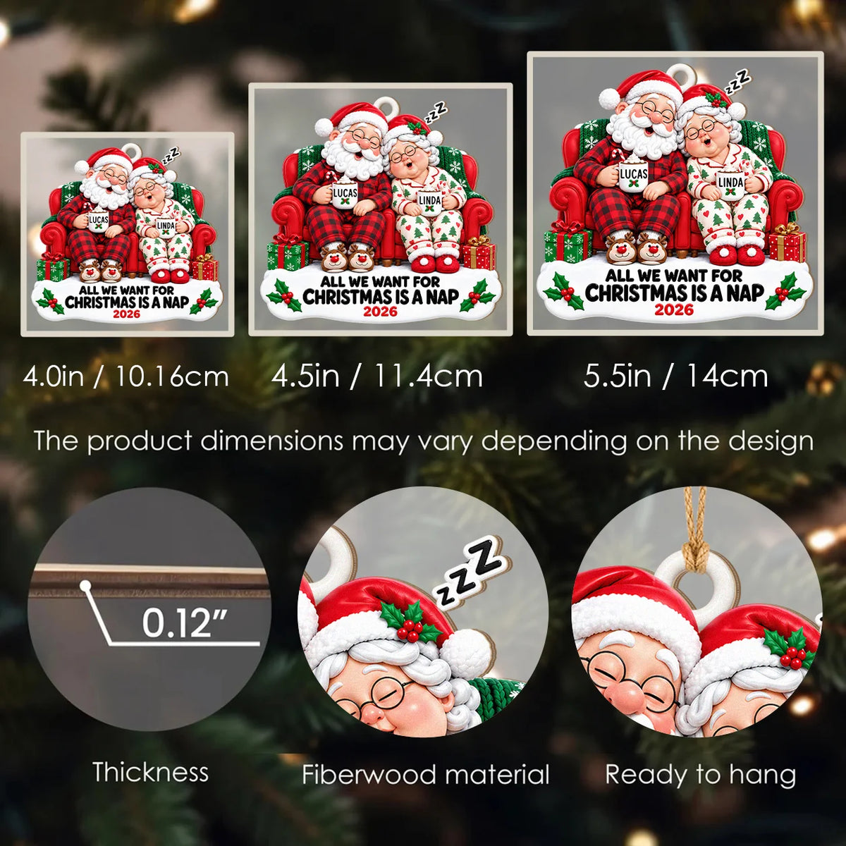 Personalisierter „All We Want for Christmas Is a Nap“ Weihnachtsmann-Paar Kakao Sofa Jahrestag Holz-Ornament – Geschenk für Paare