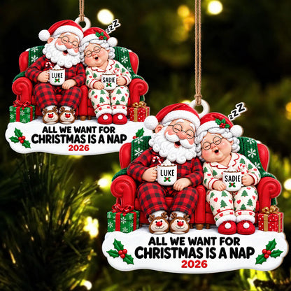 Personalisierter „All We Want for Christmas Is a Nap“ Weihnachtsmann-Paar Kakao Sofa Jahrestag Holz-Ornament – Geschenk für Paare