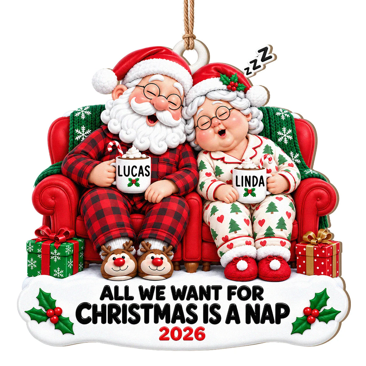 Personalisierter „All We Want for Christmas Is a Nap“ Weihnachtsmann-Paar Kakao Sofa Jahrestag Holz-Ornament – Geschenk für Paare