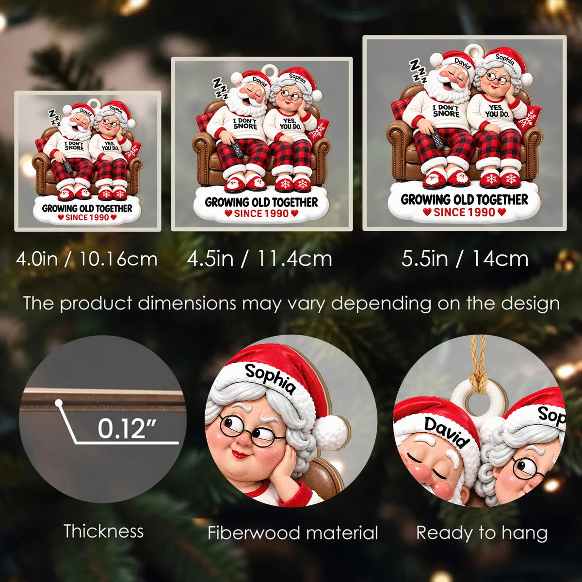 Personalisierter „Ich schnarche nicht“ „Doch, tust du“ Weihnachtspaar-Holzanhänger auf braunem Sofa – Geschenk für Paare