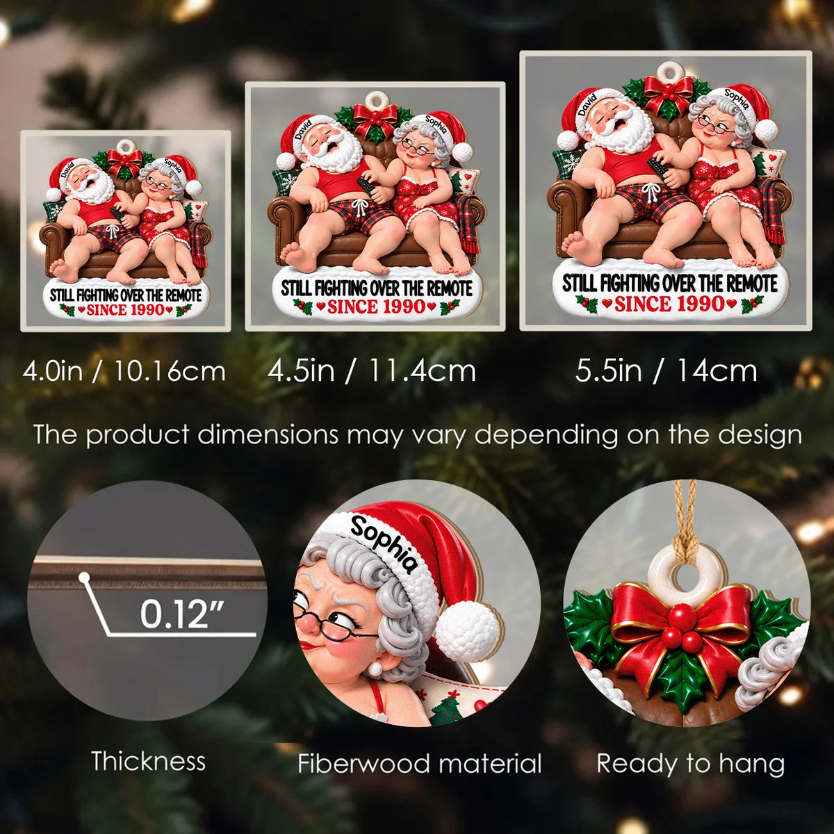 Personalized Still Fighting Over the Remote Santa Couple Red Sleepwear Sofa Anniversary Wood Christmas Ornament – Gift for Couples
