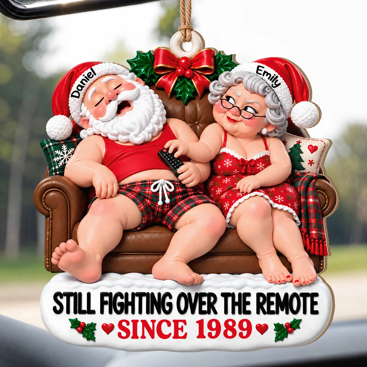 Personalized Still Fighting Over the Remote Santa Couple Red Sleepwear Sofa Anniversary Wood Christmas Ornament – Gift for Couples