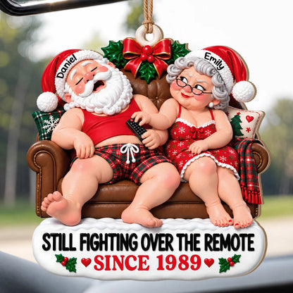Personalized Still Fighting Over the Remote Santa Couple Red Sleepwear Sofa Anniversary Wood Christmas Ornament – Gift for Couples