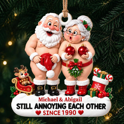 Personalized Still Annoying Each Other Cheeky Santa Couple Hat & Red Baubles Anniversary Wood Christmas Ornament – Gift for Couples