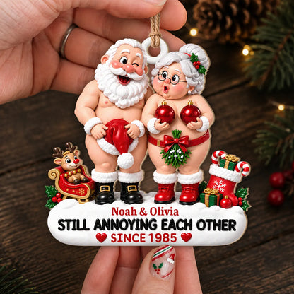 Personalized Still Annoying Each Other Cheeky Santa Couple Hat & Red Baubles Anniversary Wood Christmas Ornament – Gift for Couples