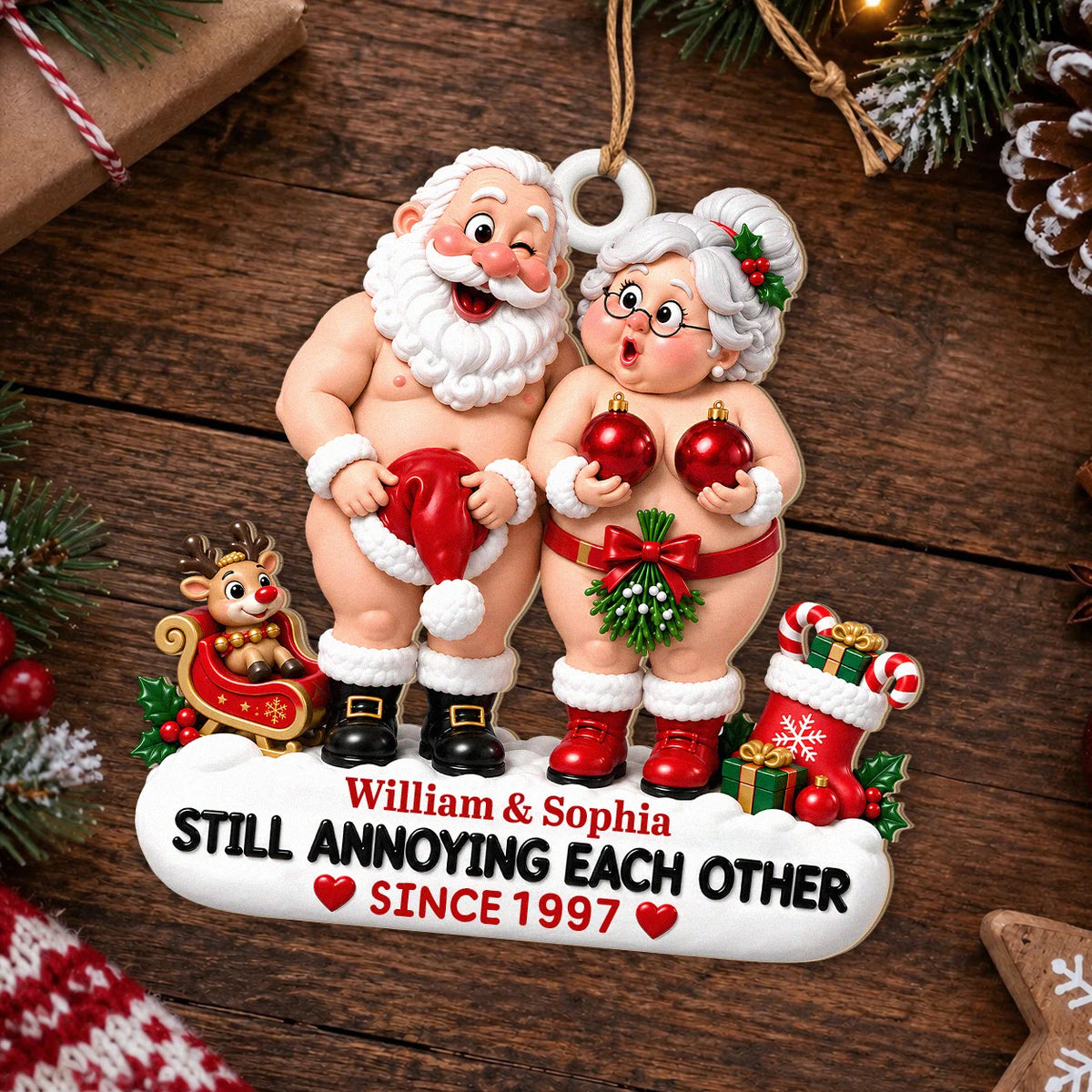 Personalized Still Annoying Each Other Cheeky Santa Couple Hat & Red Baubles Anniversary Wood Christmas Ornament – Gift for Couples