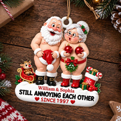 Personalized Still Annoying Each Other Cheeky Santa Couple Hat & Red Baubles Anniversary Wood Christmas Ornament – Gift for Couples