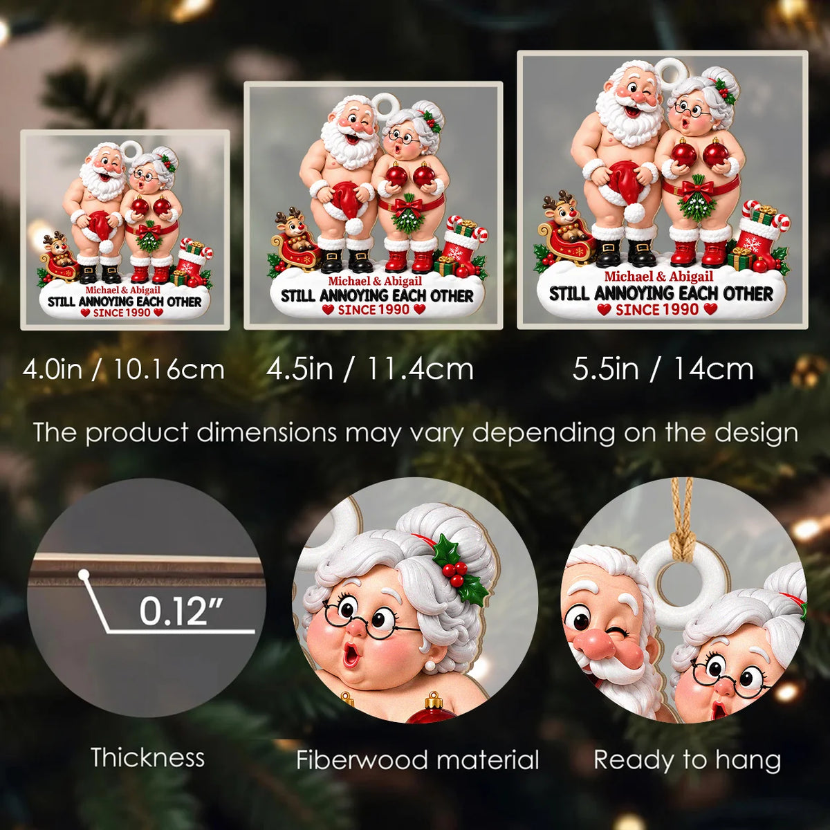 Personalized Still Annoying Each Other Cheeky Santa Couple Hat & Red Baubles Anniversary Wood Christmas Ornament – Gift for Couples