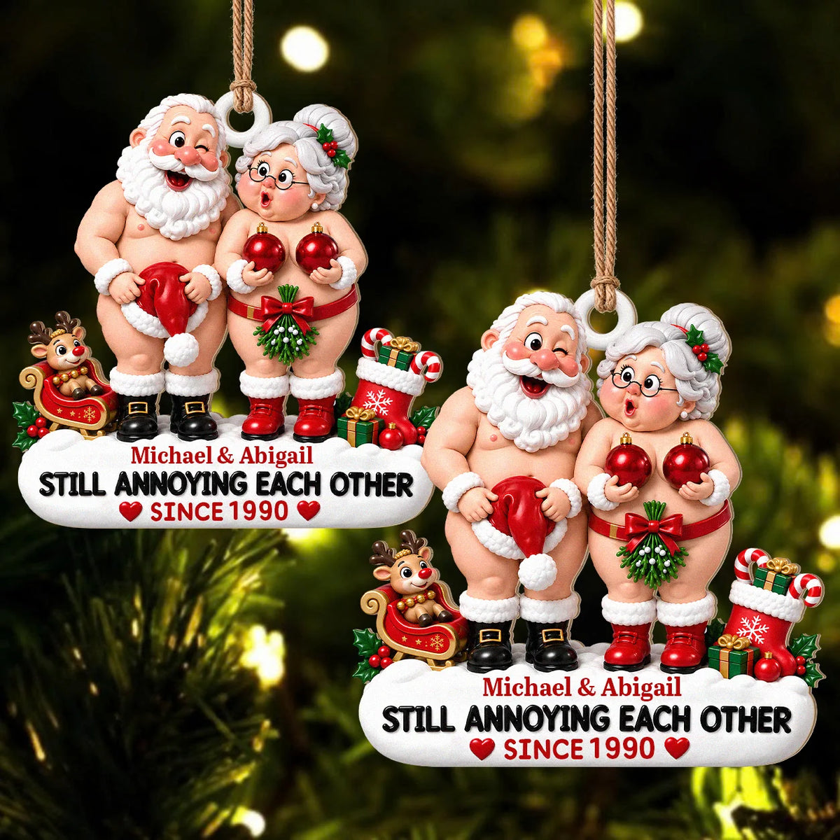 Personalized Still Annoying Each Other Cheeky Santa Couple Hat & Red Baubles Anniversary Wood Christmas Ornament – Gift for Couples