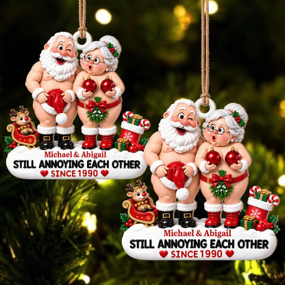 Personalized Still Annoying Each Other Cheeky Santa Couple Hat & Red Baubles Anniversary Wood Christmas Ornament – Gift for Couples