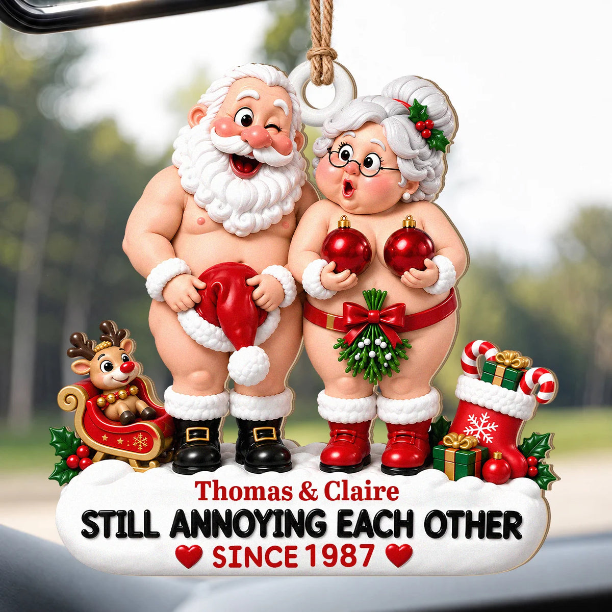 Personalized Still Annoying Each Other Cheeky Santa Couple Hat & Red Baubles Anniversary Wood Christmas Ornament – Gift for Couples