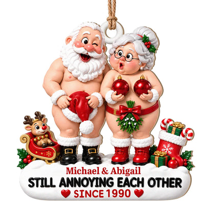 Personalized Still Annoying Each Other Cheeky Santa Couple Hat & Red Baubles Anniversary Wood Christmas Ornament – Gift for Couples
