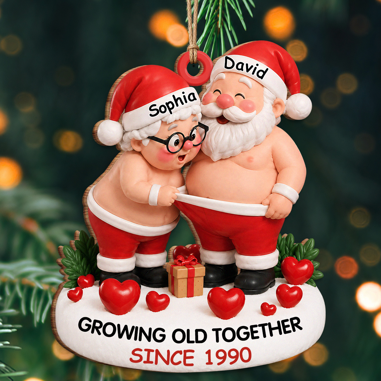 Personalized Growing Old Together Santa Couple Wood Ornament – Anniversary Christmas Gift