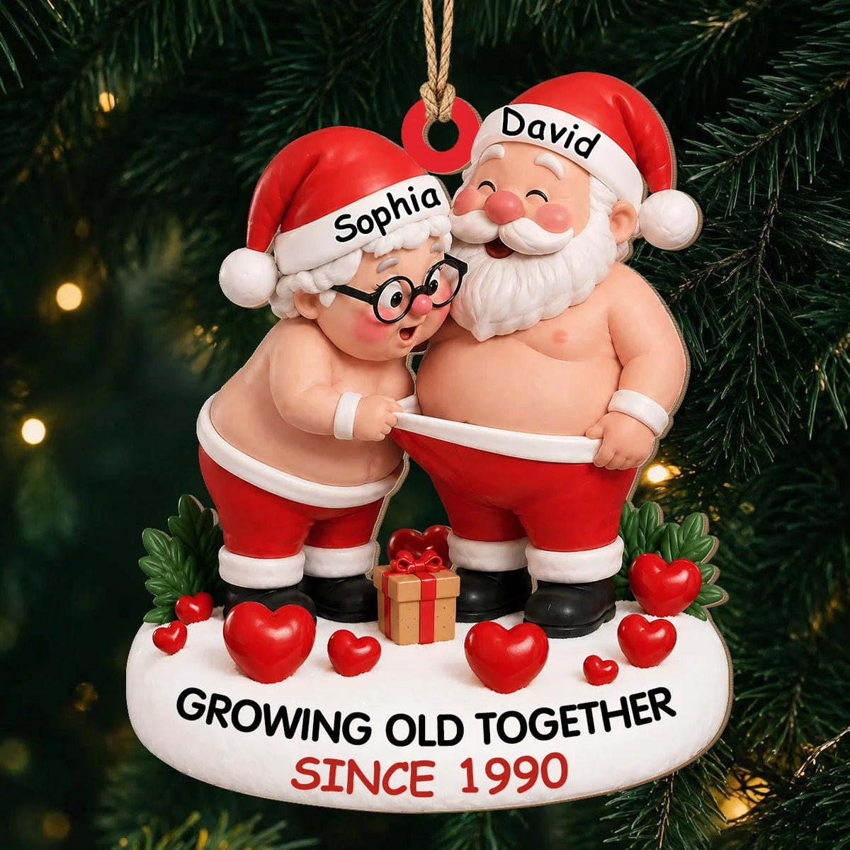 Personalized Growing Old Together Santa Couple Wood Ornament – Anniversary Christmas Gift