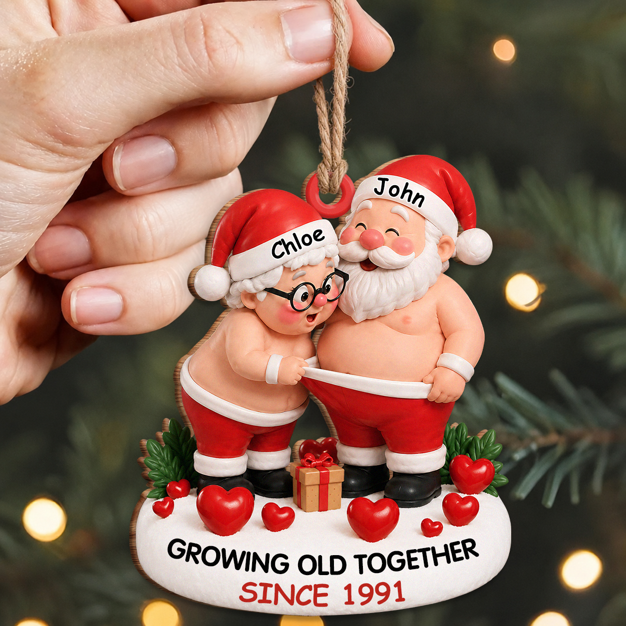 Personalized Growing Old Together Santa Couple Wood Ornament – Anniversary Christmas Gift