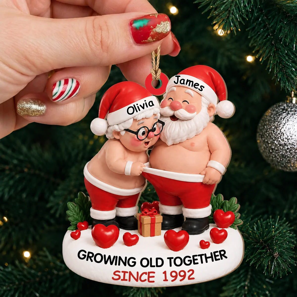 Personalized Growing Old Together Santa Couple Wood Ornament – Anniversary Christmas Gift