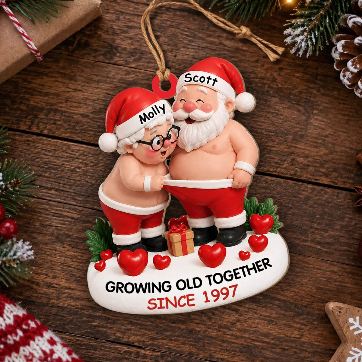 Personalized Growing Old Together Santa Couple Wood Ornament – Anniversary Christmas Gift