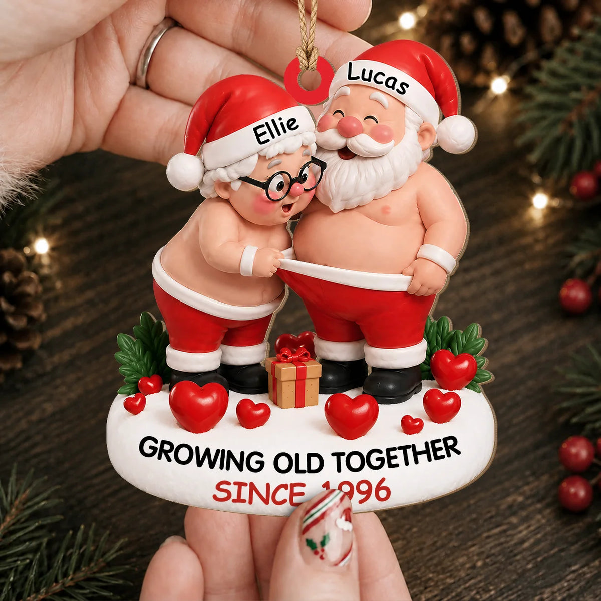 Personalized Growing Old Together Santa Couple Wood Ornament – Anniversary Christmas Gift