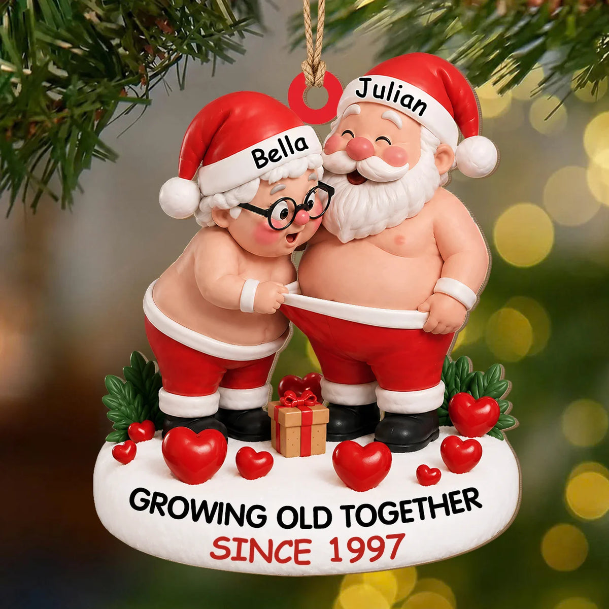 Personalized Growing Old Together Santa Couple Wood Ornament – Anniversary Christmas Gift