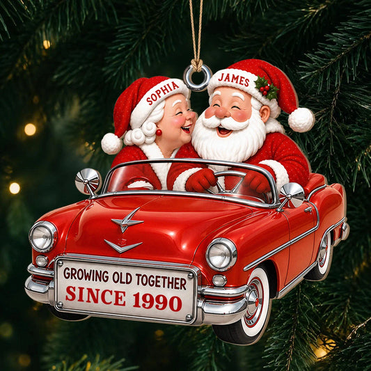 Personalized Growing Old Together Couple Wood Ornament – Santa Vintage Car Custom Names Gift