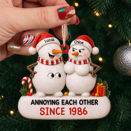 Personalized Snowman Couple Wood Ornament – Annoying Each Other Since Funny Custom Names & Year Gift