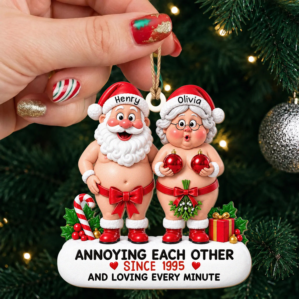 Personalized Santa & Mrs. Claus Couple Wood Ornament – Annoying Each Other Custom Names & Year Gift