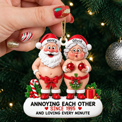 Personalized Santa & Mrs. Claus Couple Wood Ornament – Annoying Each Other Custom Names & Year Gift