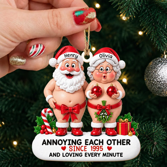 Personalized Santa & Mrs. Claus Couple Wood Ornament – Annoying Each Other Custom Names & Year Gift