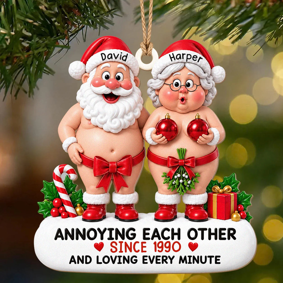 Personalized Santa & Mrs. Claus Couple Wood Ornament – Annoying Each Other Custom Names & Year Gift