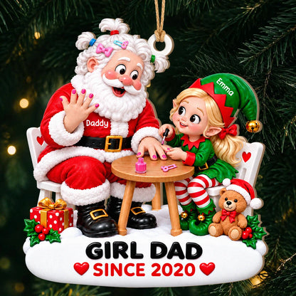Personalized Girl Dad Santa & Elf Daughter Nail Painting Christmas Wood Ornament – Custom Year Gift for Daughter