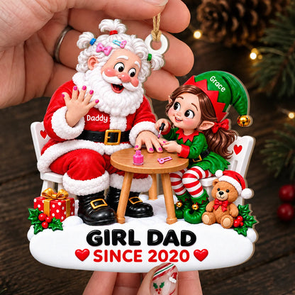 Personalized Girl Dad Santa & Elf Daughter Nail Painting Christmas Wood Ornament – Custom Year Gift for Daughter