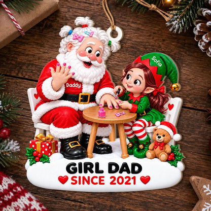 Personalized Girl Dad Santa & Elf Daughter Nail Painting Christmas Wood Ornament – Custom Year Gift for Daughter