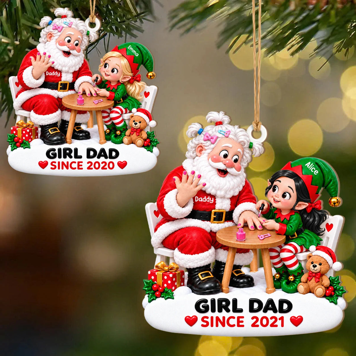 Personalized Girl Dad Santa & Elf Daughter Nail Painting Christmas Wood Ornament – Custom Year Gift for Daughter