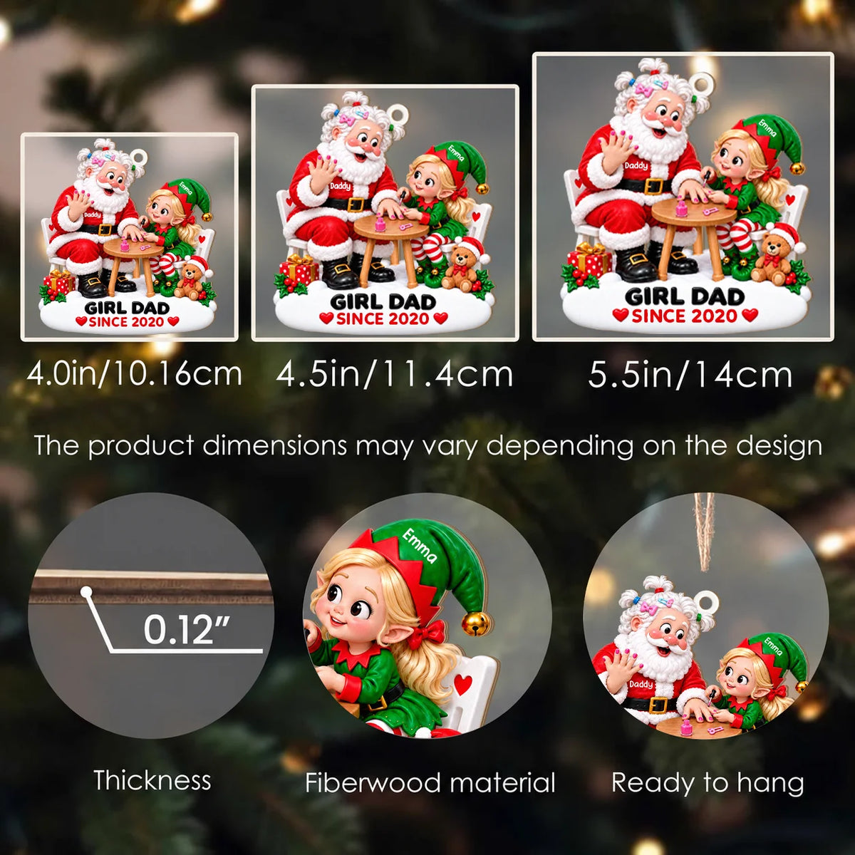 Personalized Girl Dad Santa & Elf Daughter Nail Painting Christmas Wood Ornament – Custom Year Gift for Daughter