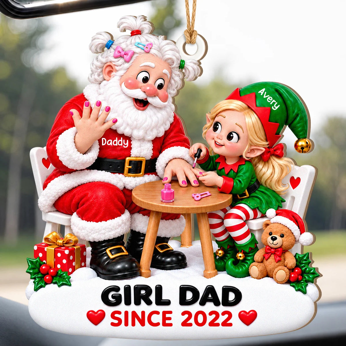 Personalized Girl Dad Santa & Elf Daughter Nail Painting Christmas Wood Ornament – Custom Year Gift for Daughter
