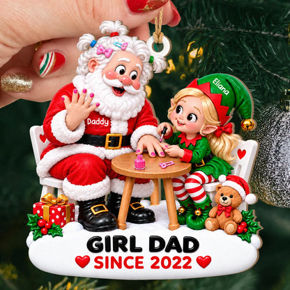 Personalized Girl Dad Santa & Elf Daughter Nail Painting Christmas Wood Ornament – Custom Year Gift for Daughter