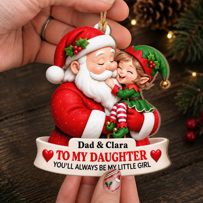 Personalisierter Weihnachtsbaumschmuck aus Holz: Papa als Weihnachtsmann küsst Elfen-Tochter – Geschenk für die Tochter
