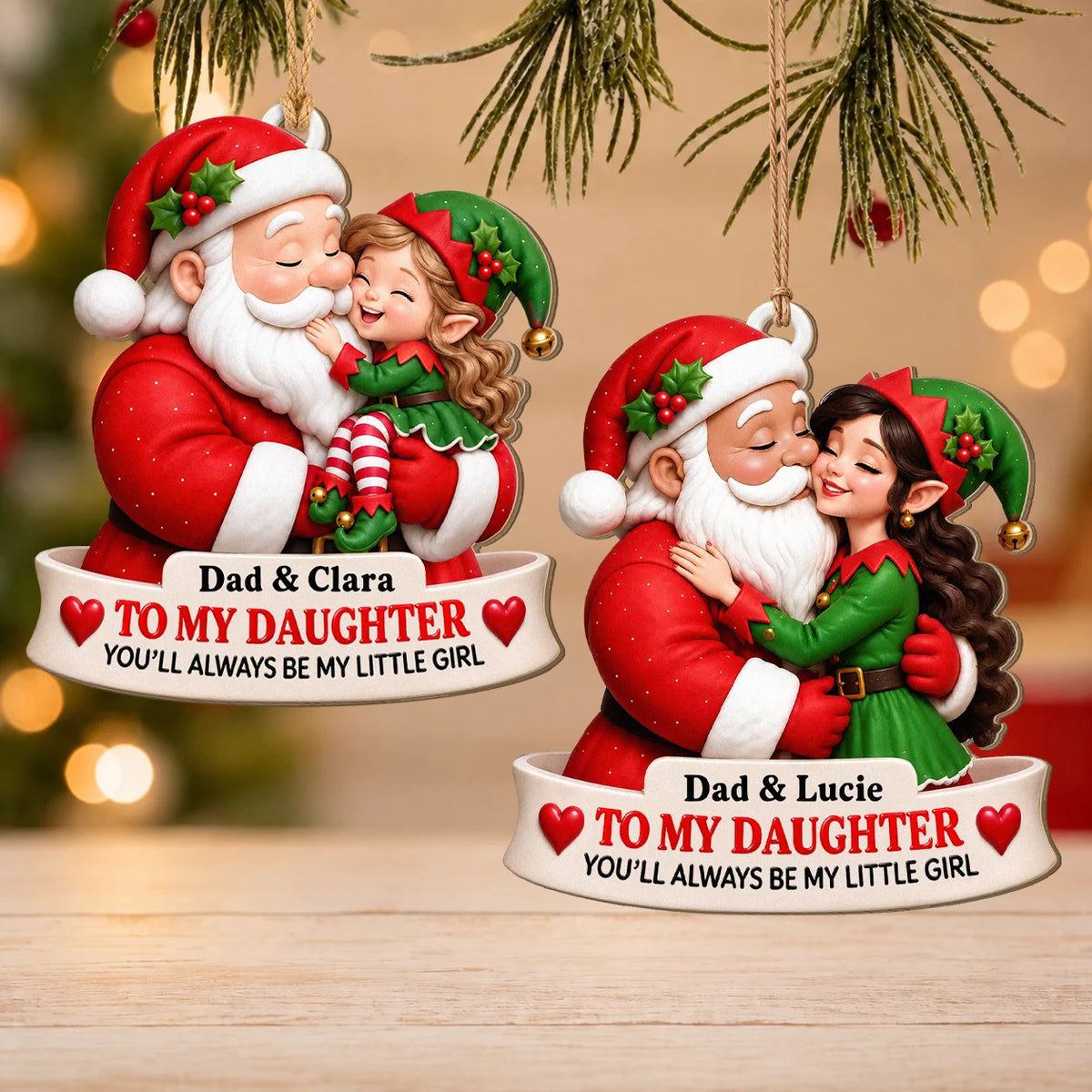 Personalisierter Weihnachtsbaumschmuck aus Holz: Papa als Weihnachtsmann küsst Elfen-Tochter – Geschenk für die Tochter