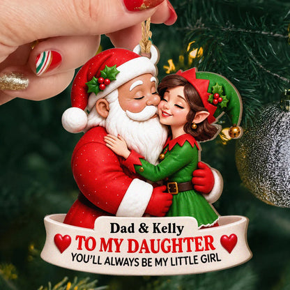 Personalisierter Weihnachtsbaumschmuck aus Holz: Papa als Weihnachtsmann küsst Elfen-Tochter – Geschenk für die Tochter